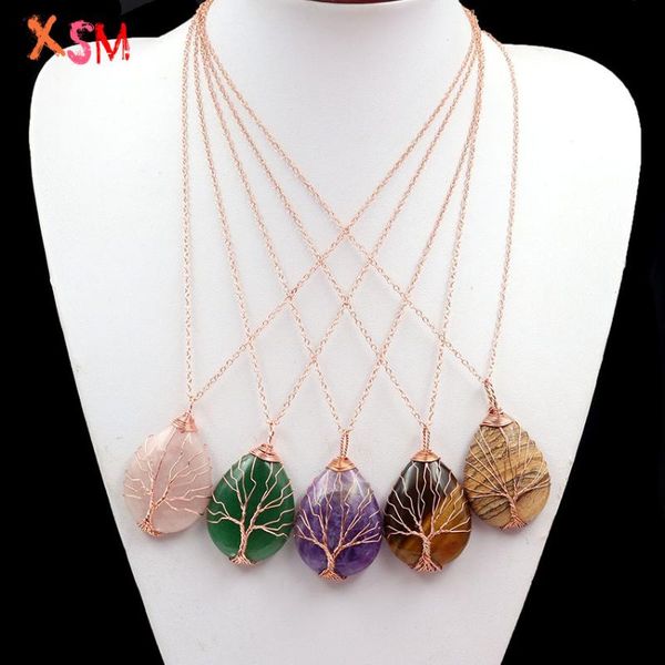 

xsm tree of life pendant necklaces water drop shape natural stones crystal quartzs reiki charms statement jewelry 1 pcs, Silver