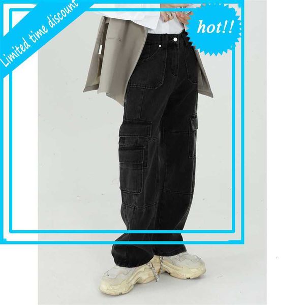 

male women couple streetwear hip hop black jean denim pants men multiple pockets vintage casual straight cargo jeans trousers