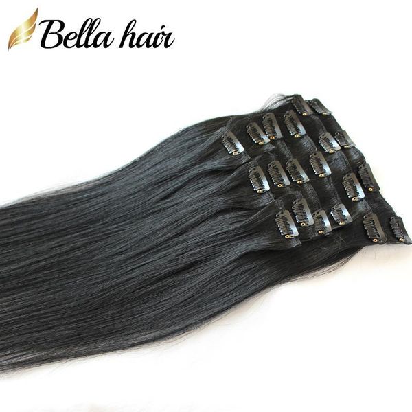 

discount fashionable clip in on hair extensions natural straight european human hair weaves #1 color virgin hair 20inch 100g set bellahair, Black;brown