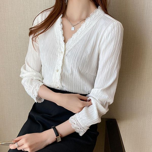 

lace elegant female long sleeve casual blouse korean 2021 new fashion stitching women office shirt, White