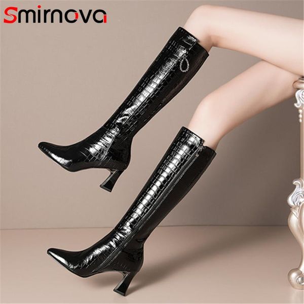 

smirnova 2020 big size 43 knee high boots women genuine leather +pu high heel casual party shoes zip long boots woman black