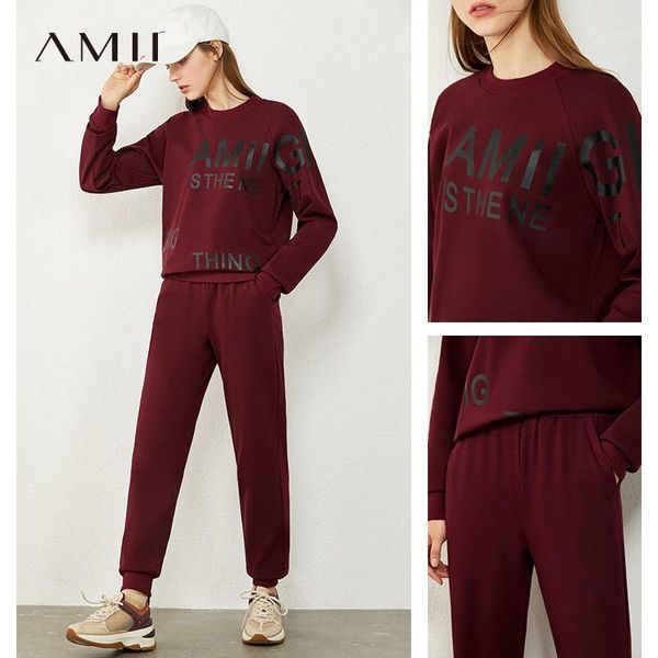 

amii minimalism autumn suit female fashion letter printed oneck loose hoodie women elastic waist joggers for women 120404381, Gray