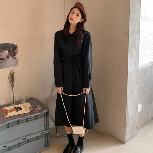 

medium and style waist closing slim black collar sleeve long skirt long skirt mid length dress gj6rt, Black;gray