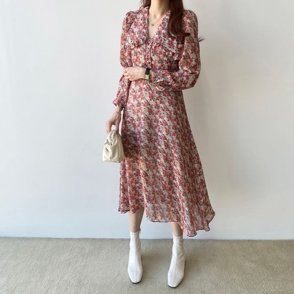 

ssycl autumn new chic korean floral chiffon large lapel waistline for women autumn new chic korean waistline chiffon dres lapel floral dress, Black;gray