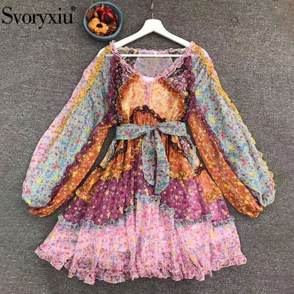 

svoryxiu runway designer fashion autumn female multicolor floral print v-neck dress ladies bow belt vintage mini dresses 201204, Black;pink