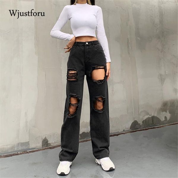 

wjustforu black ripped jeans for women streetwear vintage casual high waist hole mom jeans woman baggy trousers 2021, Blue