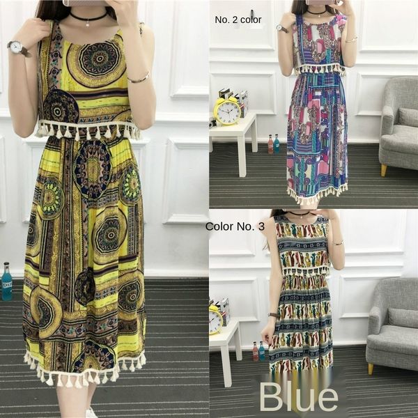

ojoyj summer new bohemian floral beach dresswomen's sleeveless ethnic style dressbeach dress dress holiday seaside long skirt trendy yy, Black;gray