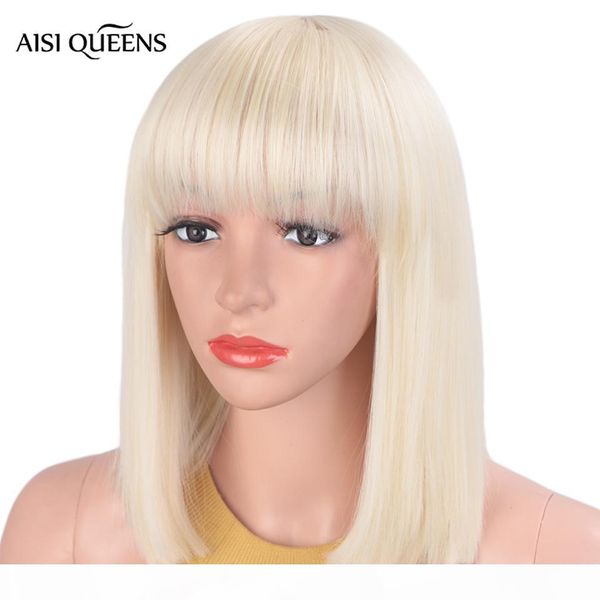 

aisi queens synthetic wigs with bangs straight blonde short natural bob wig for black white women high temperature fiber