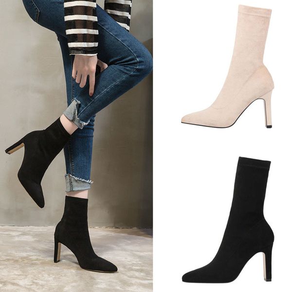 

eoeodoit warm plush inside women sock boots fashion high heels pointed toe autumn winter slip on calf booties pumps shoes c0202, Black