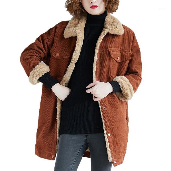 

autumn winter women corduroy cotton jacket fashion new casual lamb outerwea female loose plus cashmere thicken cotton coat t3831, Black