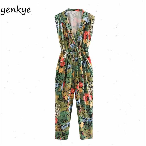 

rainforest print jumpsuit women v neck sleeveless elastic casual holiday summer jumpsuit long overalls plus size xnwm9532, Black;white