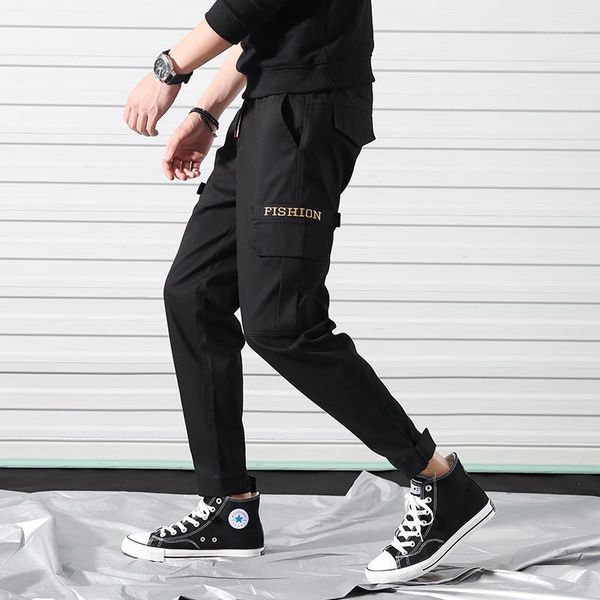 

men's pants black men's cargo 2021 spring loose safari style trousers multi-pocket hip casual elastic waist men big size1