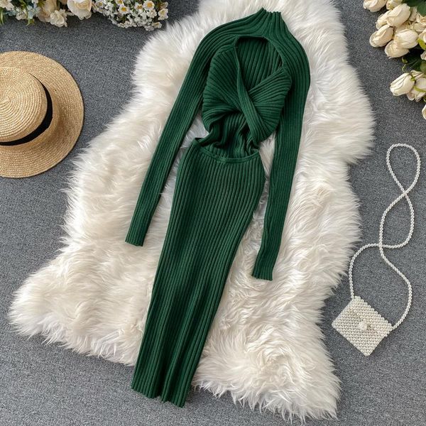 

autumn spring knitted backless sweater dress women fashion sheath full sleeve sheath back hollow out sweaters dresses, Black;gray