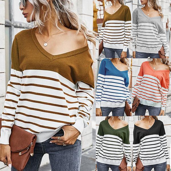 

womens v neck drop shoulder sweater color block stripes knit jumper female fall winter sweaters, White;black