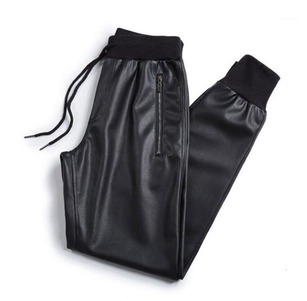 

men's pants black fashion motorcycle faux leather mens feet loose personality elastic waist pu trousers for men pantalon homme1