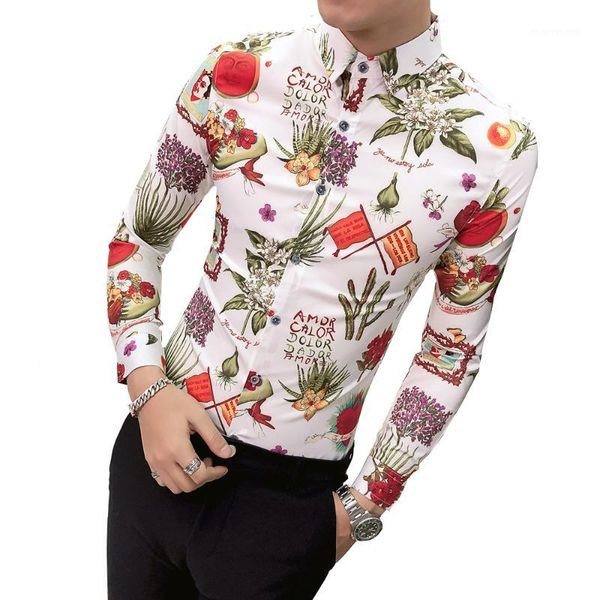 

shirt men new slim fit long sleeve social male lapel spring autumn printed personality nightclub bar prom shirt1, White;black