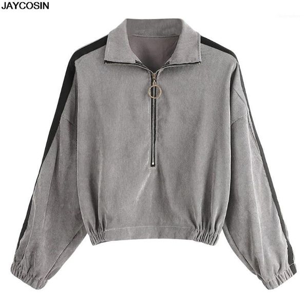 

jaycosin jackets 2020 new spring fashion women long sleeve zipper contrast tape side corduroy sweatshirt invierno mujer1, Black;brown