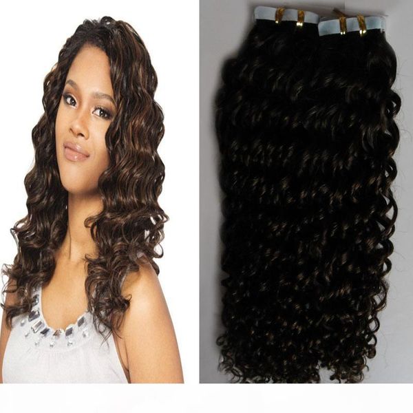 

#2 darkest brown afro kinky curly tape in human hair extensions 100g mongolian kinky curly hair 40pcs set skin weft hair, Black