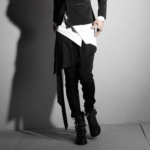 

irregular design punk hip hop skirt pants black pleated apron men harajuku nightclub dj singer stage clothing gothic costume