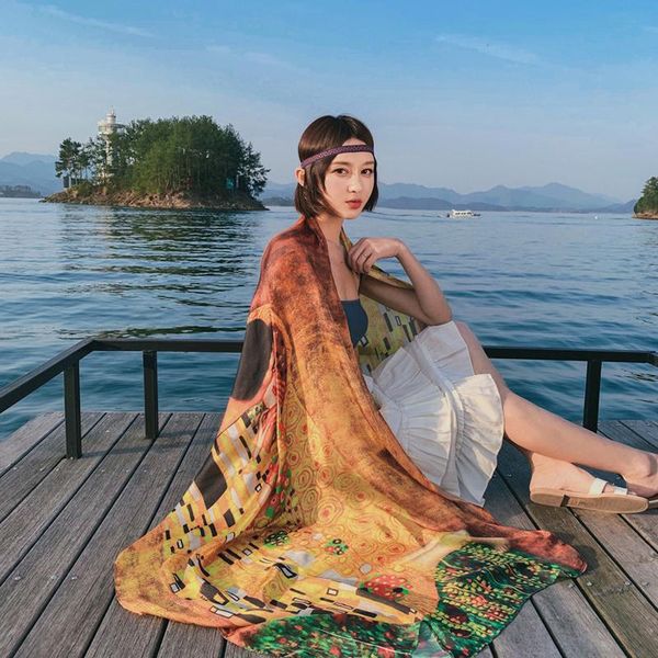 

scarves 2021 large size oil painting summer silk scarf soft lady shawls and warps bandana foulard travel beach stoles, Blue;gray
