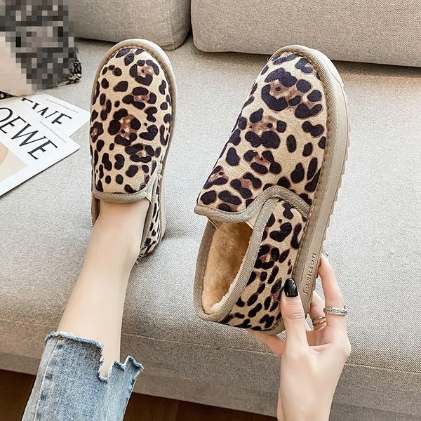 

eoeodoit autumn winter flats plush thicken cotton loafers snow shoes women flat heel anti skid cold day leopard sneakers, Black