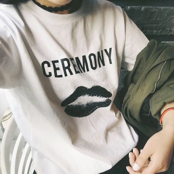 

spring and summer 2020 korean loose skinny big casual lip letters versatile fat mm short sleeve t-shirt women's t-shirt gnnxc, White