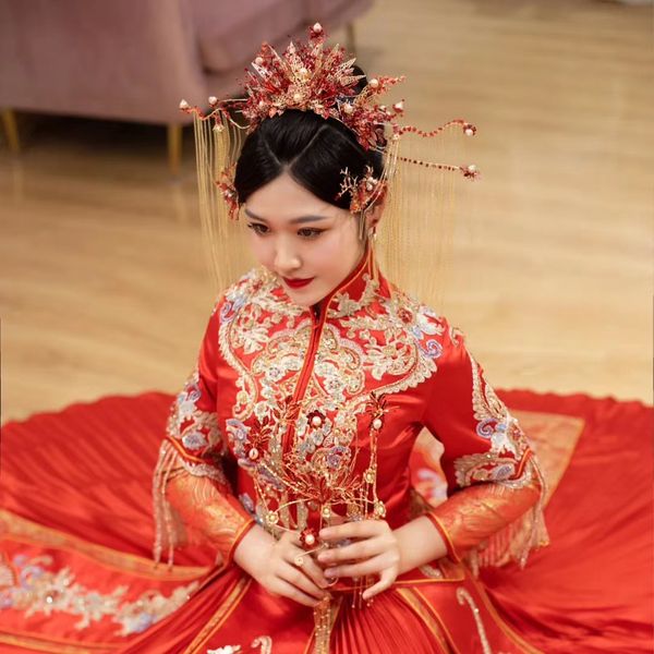 

xiuhefu bride headdress style luxury atmosphere crown chinese wedding hair dragon and phoenix coat accessories, Silver