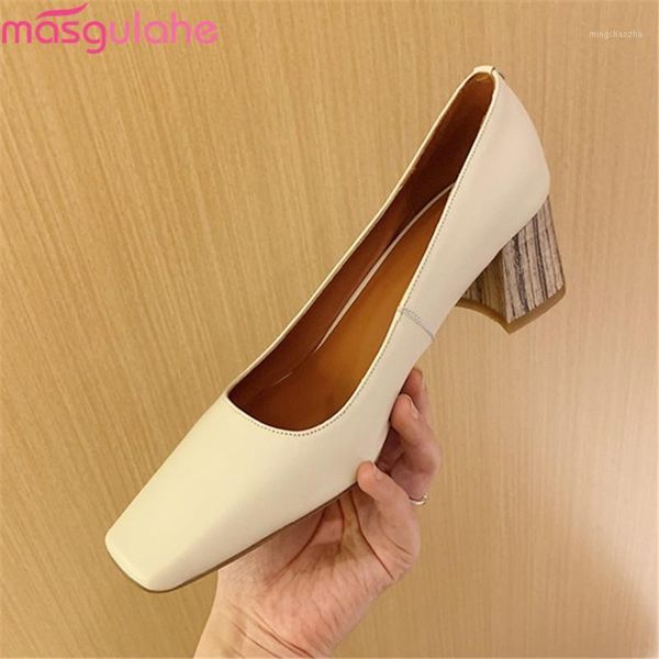 

dress shoes masgulahe 2021 genuine leather thick high heels square toe party summer shallow apricot color women pumps1, Black