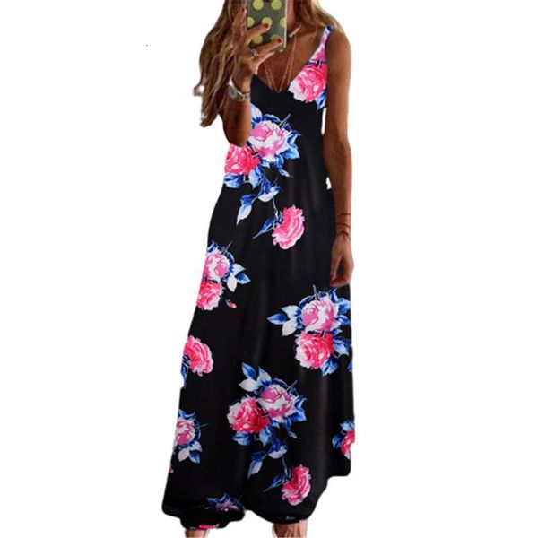

5xl plus size women clothing summer long dresses sleeveless v-neck casual loose dress flower print spaghetti strap maxi dress, Black;gray