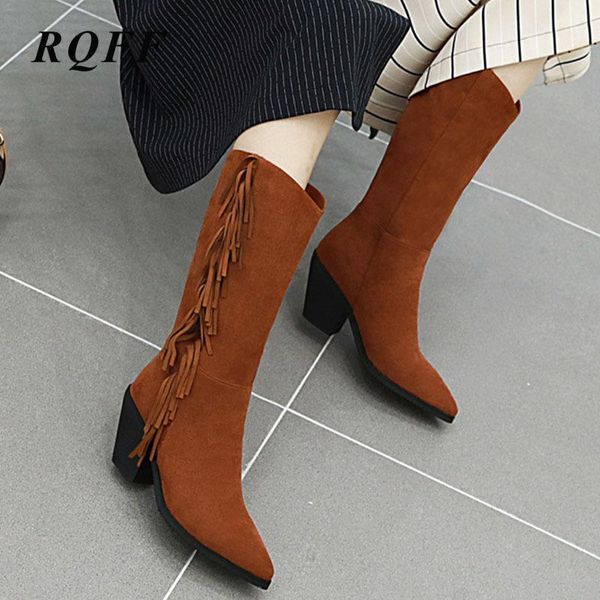 

плюс размер 45 46 mid-теленок площади boots женщин 2020 новая осень зима мода на высоких каблуках женщина твердая flock fringe острым носом, Black