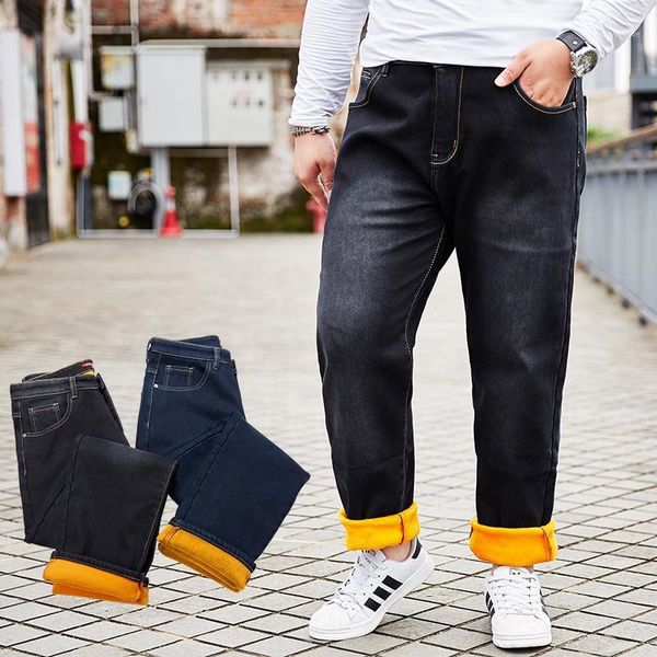 

winter thick men business blue & black casual straight jeans fleece warm velvet cotton classic denim jeans trousers plus size 581
