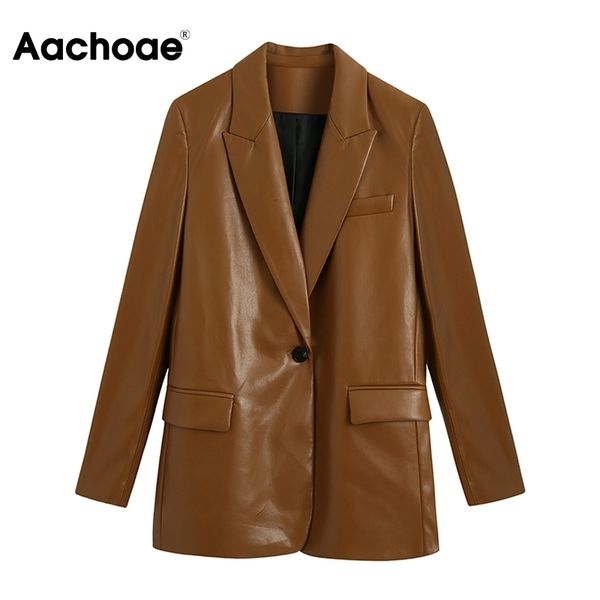 

women fashion pu faux leather blazer long sleeve single button brown jacket vintage notched collar outerwear coat y201026, White;black