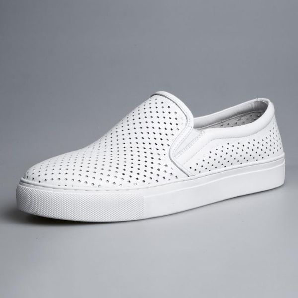 

men summer hollow out beach shoes moccasin flats white slip on genuine leather loafers low cut sneakers male shoes, Black