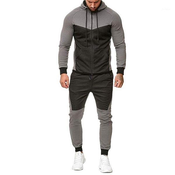 

men's print 2pcs tracksuits set autumn men casual sweatsuit hooded patchwork sweatshirt pants 2 piece pant with sets1, Gray