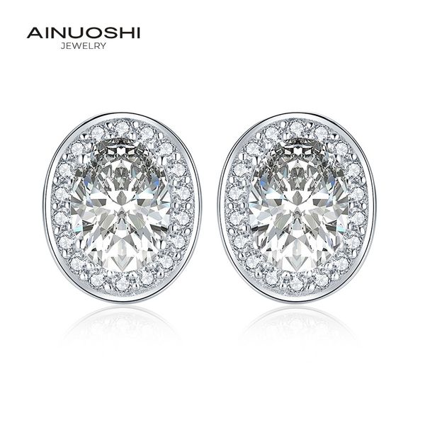 

ainuoshi 925 sterling silver oval cut 6x8mm cz halo stud earring 0.8ct silver lovely earrings for women wedding party jewelry y200106, Golden;silver