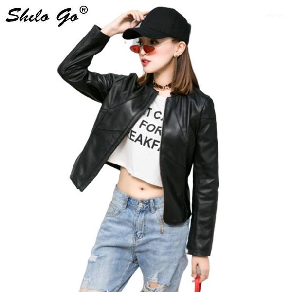 

streetwear leather jacket women spring concise slim sheepskin genuine leather jacket stand collar long sleeve female1, Black;brown