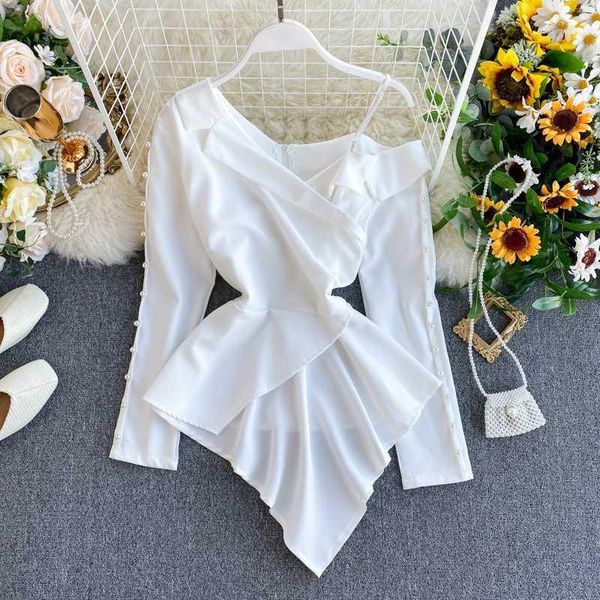 

women's temperament beaded full shirt female design off-shoulder irregular notched office lady solid and blouses ml6701, White