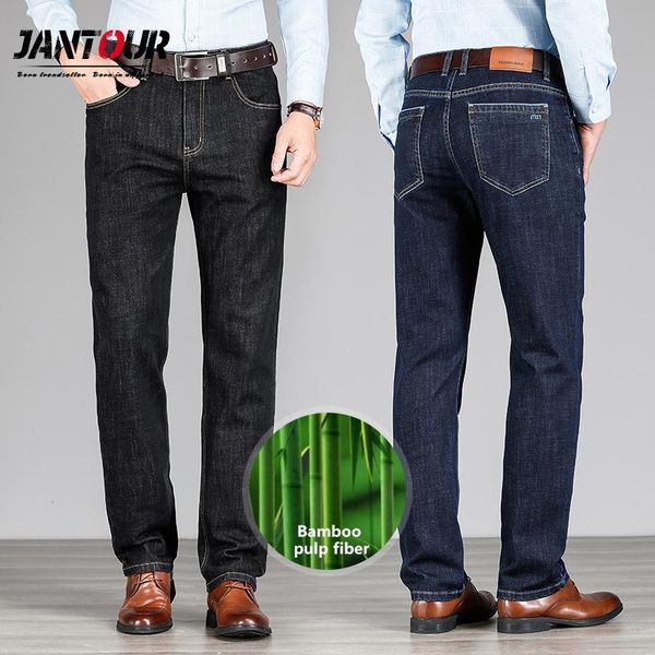

autumn winter business cotton jeans man casual trousers straight high waist loose classic work overalls pants male big size 42, Blue