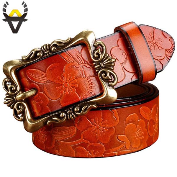 

fashion wide genuine leather belt woman vintage floral second layer cow skin belts for women strap female for jeans, Black;brown