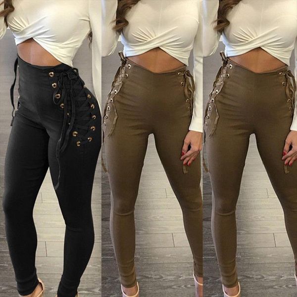 

ladies women pant solid daily casual womens lace up skinny legging pencil pants high waist bandage stretch trousers, Black