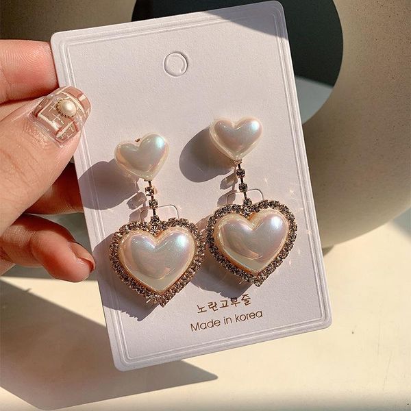 

ch-1207 new korean elegant love heart pearl dangle pendientes for women fashion accessories rhinestone drop boucle d'oreille, Golden;silver
