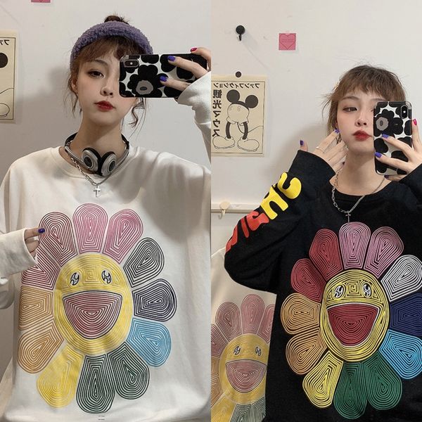 

national tide round neck coat sweatersweater sweater women's trendy ins loose lazy 2020 spring and autumn smiley face printed long slee, Black
