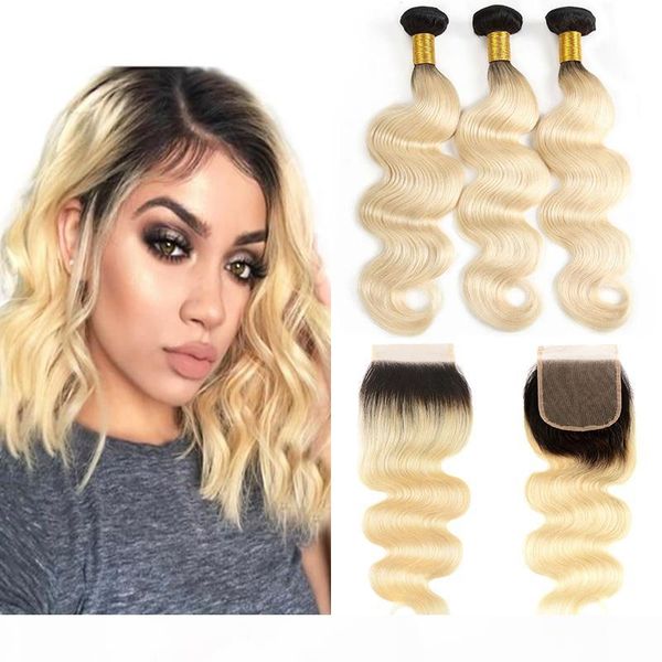

1b 613 ombre blonde human hair bundles with 4x4 part lace closure body wave black root human hair weaves blonde hair extensions, Black;brown
