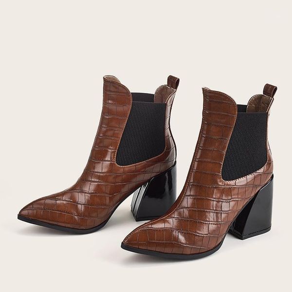 

women slip on ankle boots ladies pointed toe sewing pu leather square heel shoes female fashion casual boots woman footwear 20201, Black