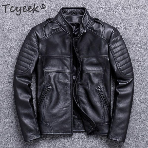 

tcyeek spring autumn 100% genuine leather jacket men winter clothes 2021 streetwear moto biker natural real cow leather coat 820, Black