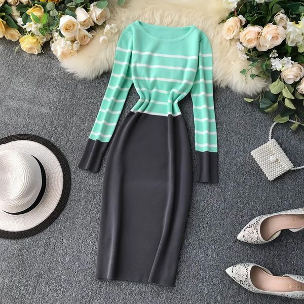 

autumn winter bottom dress female 2019 new korean fashion patchwork color striped dresses waist tube knit bodycon vestidos ls2321, Black;gray