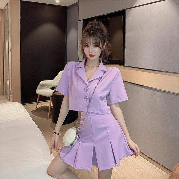 

women's tracksuits summer 2021 korean version of purple small suit coat short + skirt 2 pieces for women piece set, Gray