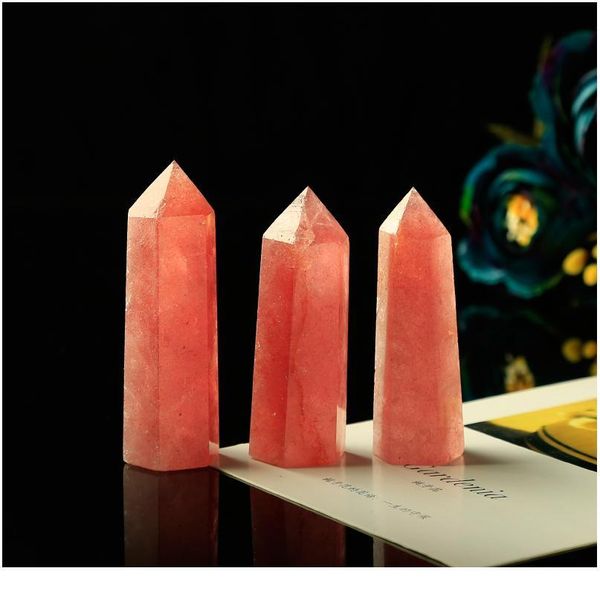 

1pc truly natural strawberry quartz hexagonal column crystal point mineral ornament healing wand home decor diy gift de qylpfj, Black