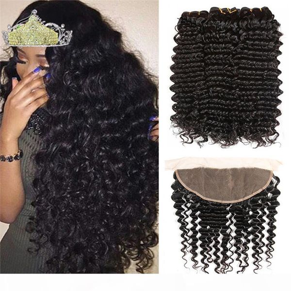 

deep curly 3 bundles with frontal remy human hair bundles with 13x4 lace frontal malaysian deep wave bundles with closure, Black