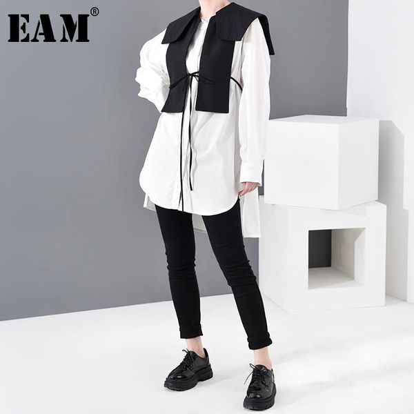

eam] women white bandage split joint two piece blouse new lapel long sleeve loose fit shirt fashion spring autumn 2020 1n504001